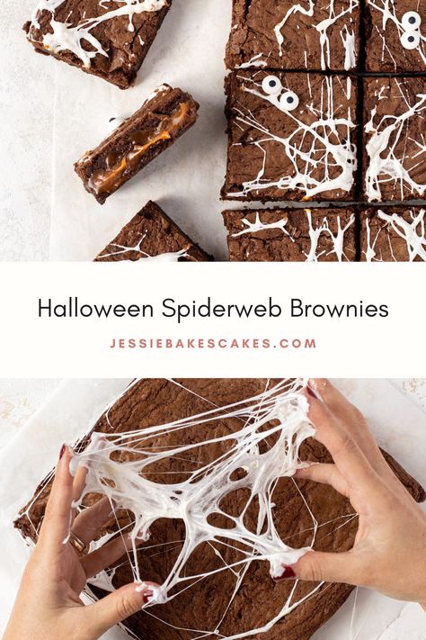 Halloween Party Brownies, Brownie Spider Web, Spooky Marshmallow Treats, Homemade Halloween Desserts, Halloween Baking Brownies, Halloween Treats Marshmallow, Halloween Brownie Cookies, Halloween Desserts Brownies, Halloween Treats Brownies