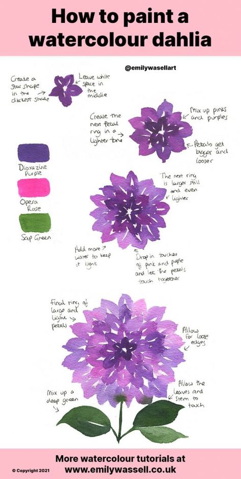 Dahlia Painting Watercolors, How To Paint Watercolor Dahlias, How To Draw Dahlia, How To Paint Watercolour Flowers, How To Paint Dahlias, Watercolour Dahlia, Watercolour Flowers Tutorial, Painting Dahlias, Watercolour Flowers Painting