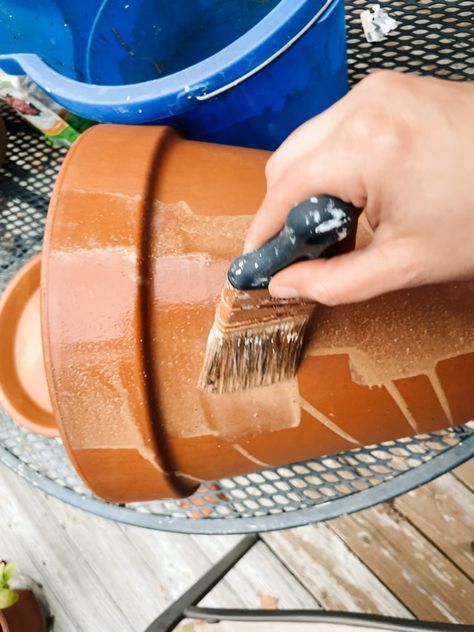 How To Make Clay Pots Look Old, Aging Clay Pots Terra Cotta, How To Age Terra Cotta Pots, How To Seal Terra Cotta Pots, Rustic Terracotta Pots, Decorating Terra Cotta Pots, Aged Terracotta, Vintage Terracotta Pots, Aging Terra Cotta Pots