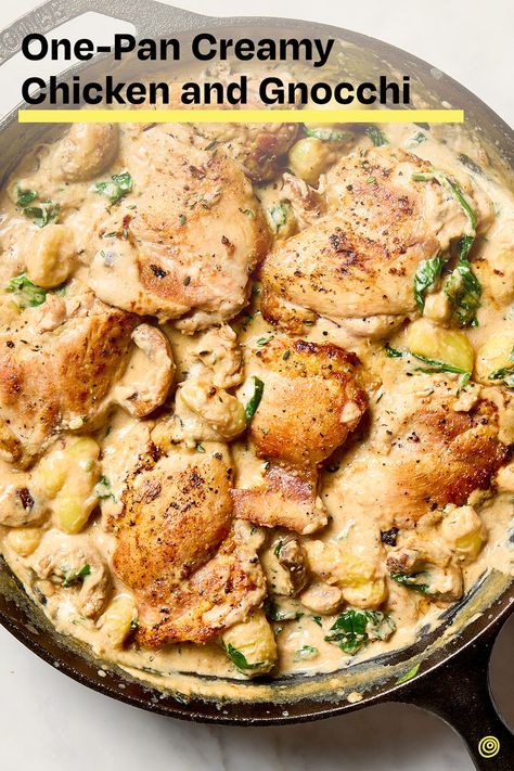 Serve creamy chicken and gnocchi in a creamy garlic-Parmesan sauce for dinner tonight. Chicken And Gnocchi, Creamy Garlic Parmesan Sauce, Cooking Chicken Thighs, Holy Cannoli, Chicken Gnocchi, Meal Inspiration, Garlic Parmesan Chicken, Parmesan Sauce, Herb Chicken