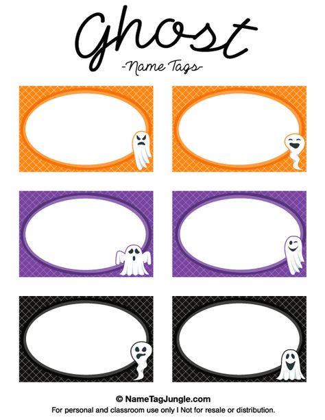 Free printable ghost name tags. The template can also be used for creating items like labels and place cards. Download the PDF at http://nametagjungle.com/name-tag/ghost/ Halloween Name Tags, Gnome Names, Cubby Tags, Spooky Diy, Name Tag For School, Name Tag Templates, Halloween Party Decor Diy, Halloween Names, Name Tag Design