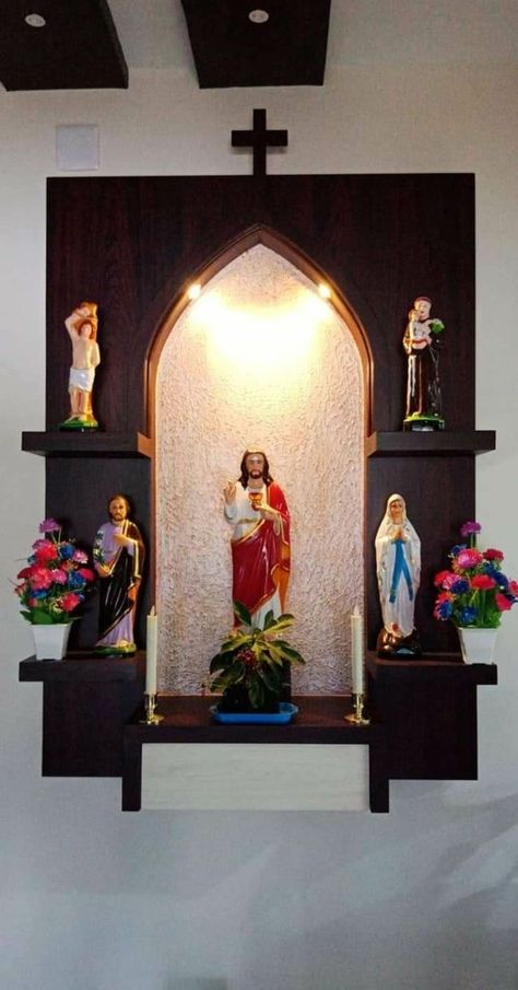 Altar Design Home Catholic, Wall Altar Ideas Catholic, Alter Design, Grotto Design, Christian Room Decor, Storage Furniture Design, Home Altar Catholic, Prayer Room Ideas, Catholic Altar