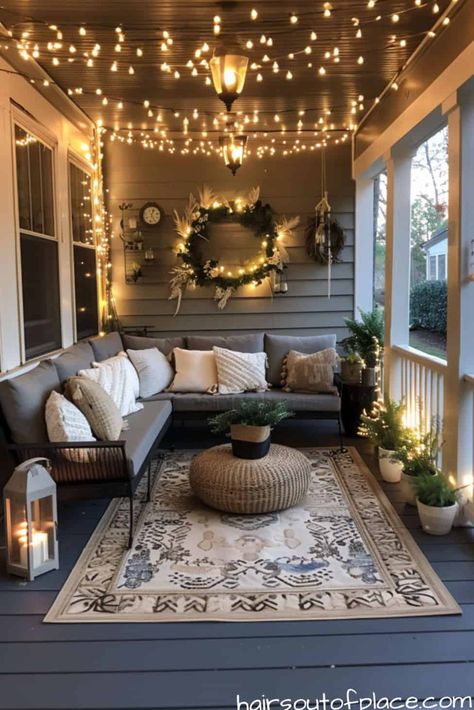 25 Cute & Cozy Small Front Porch Ideas - Hairs Out of Place Back Porch Reading Nook, Trailer Porch Decorating Ideas, Small Screened In Porch Ideas Cozy, Outdoor Screen Porch Decor, Cheap Back Porch Ideas, Hanging Windows On Porch, Outdoor Screened In Porch Ideas, Country Porch Aesthetic, Landscaping Ideas For Front Porch