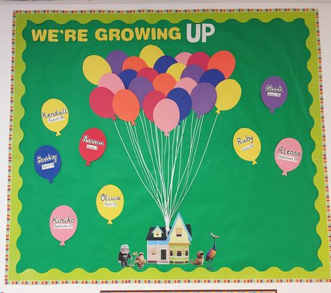 Birthday Bulletin Board Ideas Preschool, Birthday Daycare Board, Birthday Board For Infant Classroom, Birthday Boards Preschool, Birthday Board Themes, May Birthday Bulletin Board Ideas, Disney Classroom Birthday Board, Up Bulletin Board Ideas Disney, Infant Room Daycare Birthday Board