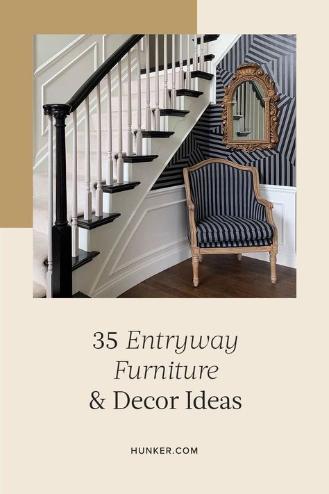 The goal of any entryway should be to make it make it stylish ​and​ functional. Here are 35 ways to do just that. #hunkerhome #entryway #entrywayideas #entrywayfurniture #entrywaydecor Entryway Chair Ideas, Foyer Bench Ideas Entry Ways, Entryway With Stairs, Foyer Entryway Decor Ideas, Chair Entryway, Hallway Chairs, Sarah Richardson Design, Juniper Home, Entryway Decor Ideas