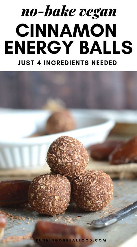 These delicious, low-fat cinnamon energy balls require just 4 simple ingredients to make: medjool dates, oats, maple syrup and cinnamon. Loads of cinnamon flavour pairs perfectly with sea salt and hints of caramel from fresh, soft medjool dates. #runningonrealfood #energyballs #veganenergybites Oat Balls, Vegan Energy Balls, Energy Ball Recipe, Healthy Sweet Treats, Medjool Dates, Energy Balls, Energy Bites, Balls Recipe, Protein Snacks