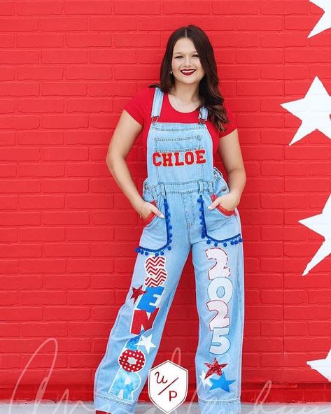 Painted Overalls Diy, School Spirit Overalls Ideas, Painted Jeans Senior, Senior Spirit Jeans, School Spirit Jeans, Paint Overalls, Senior Denim, Senior Overalls Ideas High Schools, Hoco Overalls