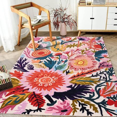 Amazon.com: Restoration and Renovation Handmade Wool Floral Area Rug for Living Room | Elegant Flower Garden Design, Soft, Thick and Durable | Bedroom, Dining Room & Home Decor Carpet (5' x 8', Floral E) : Home & Kitchen Pop Of Color Rug Living Room, Colorful Home Decor Living Room, Jewel Tone Rugs Living Rooms, Area Rugs In Home Office, Eclectic Modern Decor Living Room, Colorful Dining Room Rug, Bright Tropical Decor, Modern Boho Rugs, Colorful Minimalist Living Room Apartment