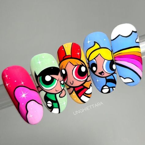 Cartoon Nail Designs Short, Nail Art Painting Design, Nail Cartoon Design, Cartoon Art On Nails, Cartoons Nails Art, Cartoon Characters Nail Art, Nail Designs Characters, Nail Art Character Design, Cute Character Nails