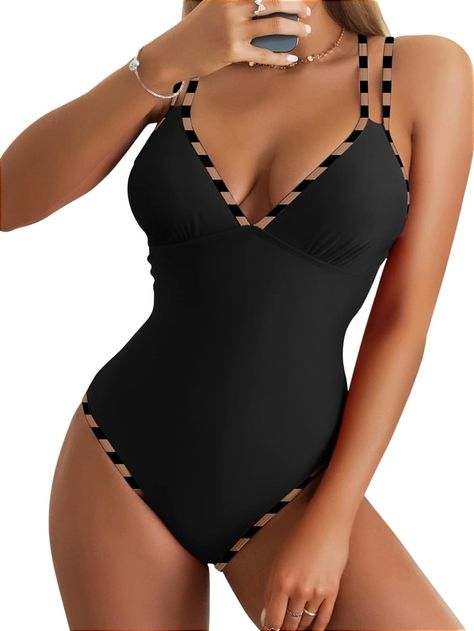 B2prity Women's V Neck One Piece Swimsuits Tummy Control Bathing Suit 1 Piece Slimming Swimwear at Amazon Women’s Clothing store Hot Pink Swimsuit, Beach Bunny Swimwear, Flattering Swimsuits, Green Swimsuit, Black One Piece Swimsuit, 1 Piece Swimsuit, Contrasting Trim, One Piece Swimsuits, Black One Piece