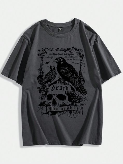 Grey Casual Collar Short Sleeve Fabric Animal,Halloween  Embellished Slight Stretch Summer Men Clothing Graphic Tee Outfit Men Street Styles, Skeleton Shirt Design, Masc Shirts, Good Graphic Tees, Grunge Clothes Men, Graphic Tee Shirt Outfit, Academia Men, Slogan Graphic Tee, Grunge Tee