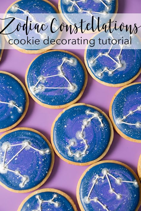 Zodiac Constellation Cookies - SweetAmbsSweetAmbs Zodiac Cookies Decorated, Zodiac Birthday Theme, Constellation Birthday Party, Astrology Cupcakes, Constellation Cupcakes, Astrology Cookies, Zodiac Cupcakes, Space Cookies Decorated, Zodiac Party Theme