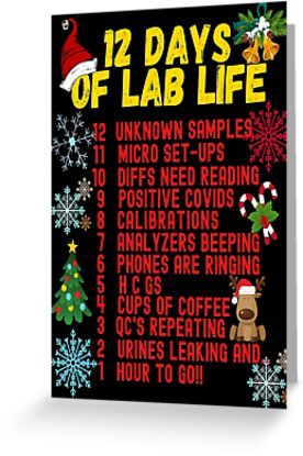 4" x 6" cards for every occasion. Digitally printed on heavyweight stock. Uncoated blank interior provides a superior writing surface. Comes with a kraft envelope. Additional sizes are available. This UNIQUE 12 DAYS OF LAB LIFE CHRISTMAS LABORATORY/LAB DESIGN is perfect for Laboratory Professionals Medical Techs Technicians Scientist Science Teacher Science Geek or Biology lover. CUTE GIFT IDEA!! Phlebotomy Decorations, Lab Week Decorations, Science Christmas Door Decorations, Lab Christmas Decorations, Science Christmas Decorations, Medical Christmas Decorations, Pharmacy Christmas Decorations, Medical Office Christmas Decorations, Christmas Laboratory