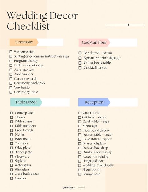 Use This Wedding Decor Checklist to Help You Nail Every Detail Ceremony Extras Checklist, Wedding Design Checklist, Wedding Signs For Reception Checklist, Wedding Supply Checklist, Wedding Day Decor Checklist, Signage Checklist For Wedding, Wedding To Buy Checklist, Wedding Checklist To Buy, Essential Wedding Decorations