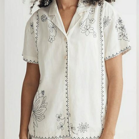 Embroidered Linen Button Up Camp Shirt Brand New Without Tags Camp Shirt Outfit, Embroidered Ideas, Embroidered Button Up Shirt, Ballet Wrap Top, Floral Chiffon Top, Tie Neck Tops, Popover Shirt, Front Tie Shirt, Embroidered Linen