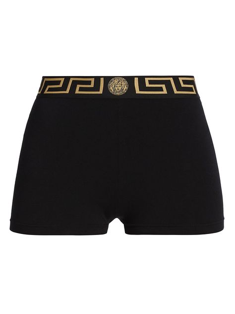 Shop Versace Icon Elasticized Logo Shorts | Saks Fifth Avenue Versace Shorts, Medusa Head, Donatella Versace, Mini Shorts, Iconic Women, Gianni Versace, Fitted Silhouette, Tall Model, Black Mini