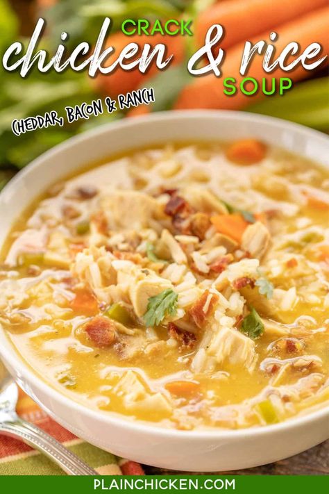 Crack Chicken and Rice Soup - this soup should come with a warning label! SO GOOD!!! Ready in 30 minutes! Chicken, cheese soup, chicken broth, celery, carrots, ranch mix, bacon, and rice. Everyone went back for seconds - even our super picky eaters! A great kid-friendly dinner!! We love this soup! #soup #bacon #chickenandricesoup #crackchicken Ranch Chicken And Rice Soup, Crockpot Cracked Chicken Soup Recipe, Leftover Rice Soup Recipes, Can Chicken Soup Recipes, Chicken And Rice Soup Recipes Crockpot, Soup With Canned Chicken, Chicken Rice Soup Crock Pot, Canned Chicken Soup Recipes, Chicken And Rice Soup Crockpot