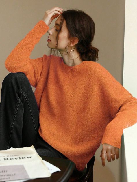 Women's Casual Solid Color Crew Neck Long Sleeve Thick Knit Sweater (Random Pattern), Fall/Winter Orange Casual  Long Sleeve Knitwear Plain Pullovers Slight Stretch Fall/Winter Women Clothing, size features are:Bust: ,Length: ,Sleeve Length: Orange Pullover Outfit Winter, Pull Orange, Pullovers Outfit, Grey Colour Suit, Fleece Tights, Orange Sweater, Orange Sweaters, Women Sweaters, Drop Shoulder Sweaters