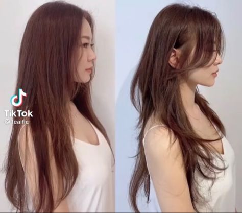 #hair #hairstyles Hush Long Haircut, Wolfcut Hair Thick Hair, Long Haircuts Unstyled, Korean Celebrity Hairstyle, Haircut For Long Hair Korean, Hush Cut Long Hair Straight, Long Hush Cut Straight Hair, Hushcut Hair Long, Long Wolf Cut Unstyled