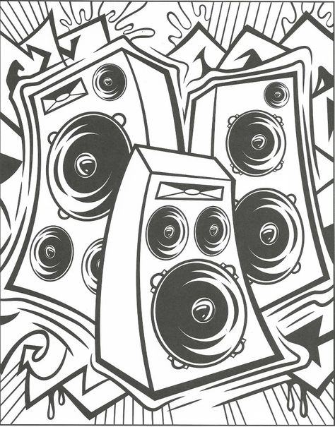 Street Art Coloring Pages, Hip Hop Coloring Pages, Graffiti Music Art, 80s Drawings Ideas, Music Album Covers Drawing, Rave Drawing, Boombox Graffiti, 80s Drawings, Techno Drawing