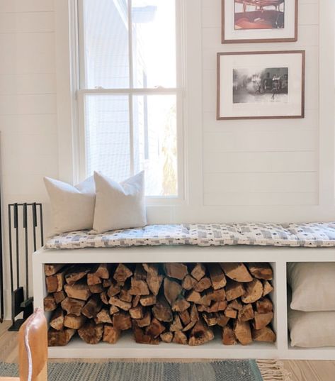 Indoor Log Storage Bench, Bench With Firewood Storage, Wood Storage Under Fireplace Hearth, Firewood Storage Bench Indoor, Interior Wood Storage, Wood Storage Inside, Wood Storage For Fireplace, Wood Storage By Fireplace, Indoor Firewood Storage Ideas