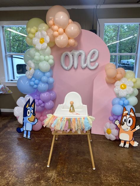 First Birthday Girl Bluey Theme, Bluey Birthday Party First, Bluey First Birthday Party Ideas Girl, Bluey Birthday Ideas Girl, Bluey 1st Birthday Party, Bluey 1st Birthday Party For Girl, Bluey Dessert Table Ideas, Bluey Girls Birthday Party, Bluey Birthday Outfit