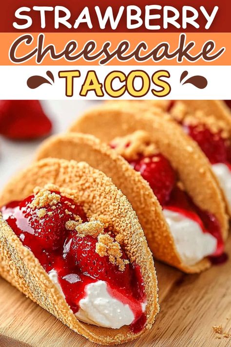 Try these strawberry cheesecake tacos for a fun dessert everyone will love! With a creamy filling and crunchy shells, they're too good to miss. Cheesecake Deviled Strawberries, Strawberry Cheesecake Tacos, Shooters Recipes, Strawberry Oreo Cheesecake, Cheesecake Tacos, Dessert Shooters Recipes, Dessert Taco, Strawberry Cream Pies, Dessert Shooters