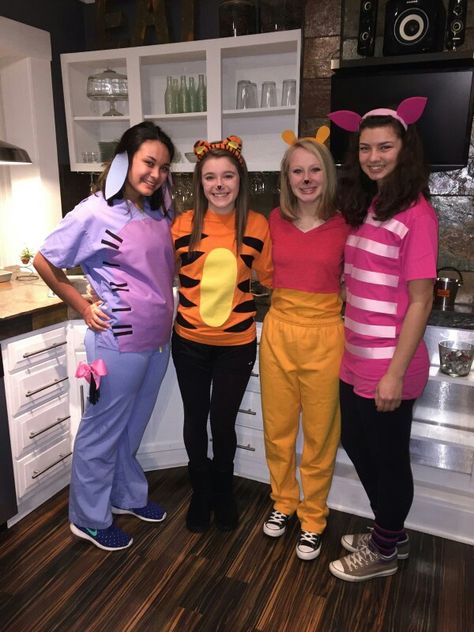 Eeyore, Tigger, Pooh, Piglet Halloween Costumes. Homemade Tigger Costume, 5 People Disney Costumes, Eeorye Costume, Eeyore Diy Costume, Tigger Diy Costume, Winnie The Pooh Dress Up, Heffalump Costume, Piglet Halloween Costume Women, Tigger Make Up Halloween