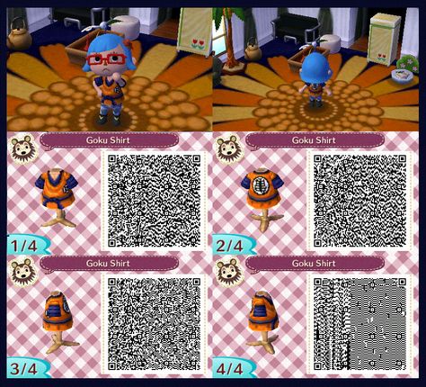 Goku's shirt Qr Code Animal Crossing, Dress Qr Code, Acnl Paths, Animal Crossing Qr Codes, Acnl Qr Codes, Gasai Yuno, Motif Acnl, Animal Crossing 3ds, Vanellope Von Schweetz