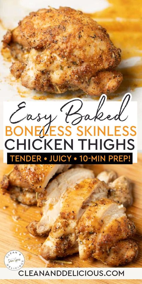 Baked boneless, skinless chicken thighs are inexpensive, delicious, and easy to cook. A simple spice rub is all you need to add tons of flavor before baking them in the oven. The results? Juicy, tender chicken that your whole family will love. I love chicken thighs. Crispy cast-iron chicken thighs are one of my go-to staples but when I want something even faster and easier, I turn to baked boneless skinless chicken thighs. | @danispies Baked Skinless Chicken Thighs, Baked Boneless Skinless Chicken Thighs, Chicken Thighs Boneless Skinless, Chicken Thighs In Oven, Baked Boneless Chicken Thighs, Healthy Chicken Thigh Recipes, Chicken Thights Recipes, Clean And Delicious, Boneless Chicken Thigh Recipes