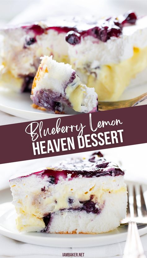 Two images of blueberry lemon heaven dessert on a white plate.  One image has a bite on a fork, and one has the fork resting near the dessert. Beach Desserts Easy, Mildly Sweet Desserts, Fun Easy Desert Ideas, Desserts For Pasta Night, Dessert For A Big Crowd, Ez Desserts Easy Recipes, Easy Dessert For Barbecue, Dessert To Travel With, Desserts For Sunday Dinner