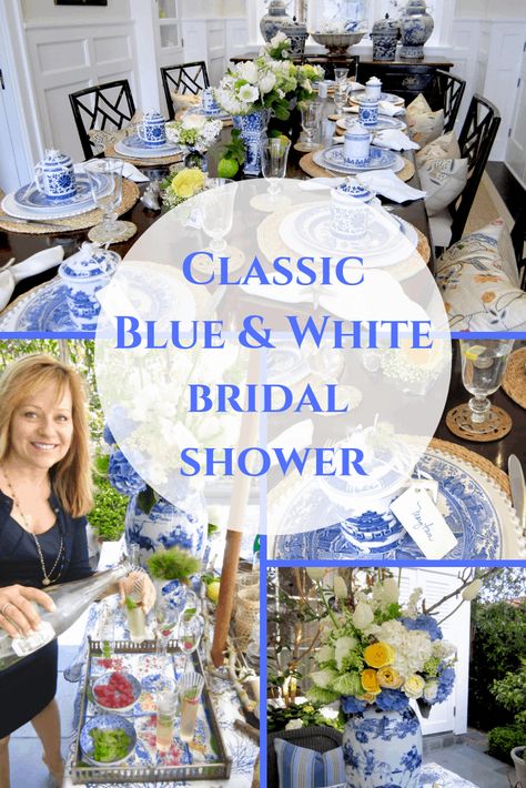 Elegant Blue and White Bridal Shower - Classic Casual Home #showers #blueandwhite #parties #bridalshower #tablesettings Blue White Centerpieces Wedding, Chinoiserie Shower Theme, Ginger Jar Bridal Shower Decor, Something Blue Bridal Shower Decorations, Blue Willow Bridal Shower Ideas, Bridal Luncheon Tablescape, Chinoiserie Bridal Shower Ideas, Wedding Shower Blue And White, Blue And White Bridal Shower Decorations