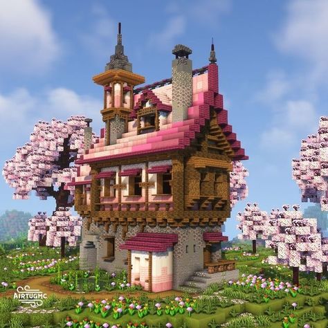 Minecraft Cherry Blossom Castle Ideas, Minecraft 1.20 House Ideas, Cherry Blossom Staircase Minecraft, Minecraft 1.20 Builds Cherry Blossom, 1.20 House Minecraft, Cherry Blossom Wood Builds Minecraft, Cherry Blossom House Ideas Minecraft, Cute Minecraft Houses Cherry Blossom, Minecraft Building Ideas 1.20