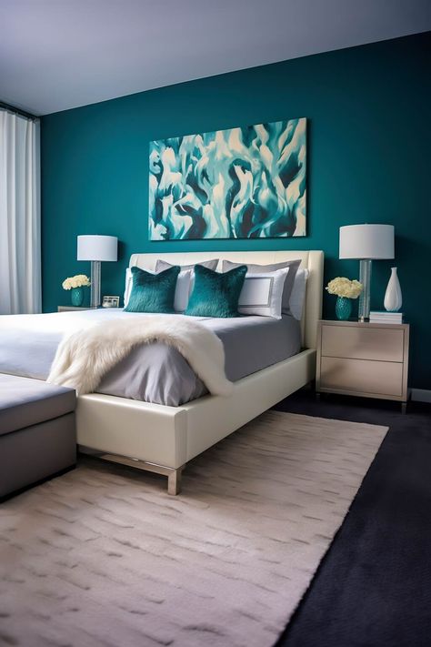 Bedroom Ideas Accent Wall Color Schemes, Teal And White Bedroom Ideas, Teal Bedroom Color Schemes, Teal And White Bedroom, Teal Bedroom Designs, Teal Bedroom Walls, Teal Bedroom Decor, Teal Rooms, Modern White Bedroom