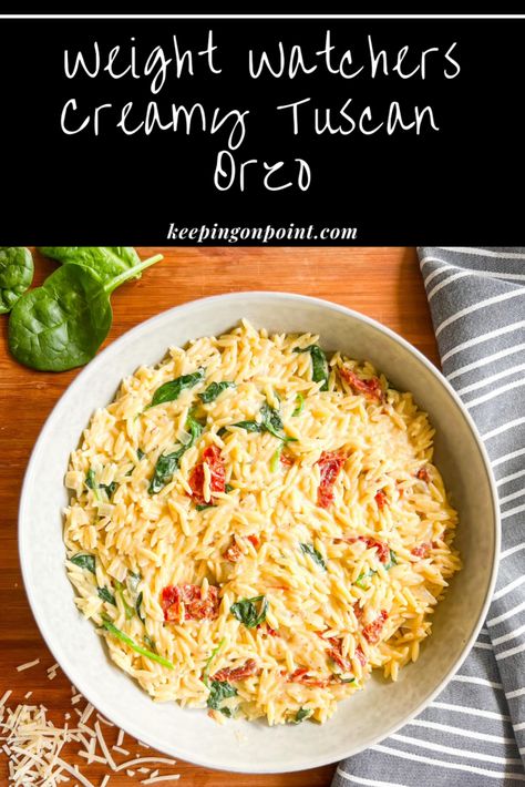 Creamy Tuscan Orzo - Keeping On Point Orzo Recipes Low Calorie, Tuscan Chicken Orzo Pasta, Low Calorie Orzo Recipe, Creamy Tuscan Orzo, Easy Orzo Recipes, Tuscan Orzo, Creamy Chicken Orzo, Ww Pasta, Chicken Orzo Pasta