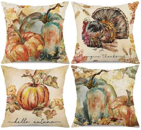 PRICES MAY VARY. APPLICATIONS - Fall Thanksgiving is coming! Don't forget to add some holiday elements to your home. 4th of July pillowcases are a great choice, as well as a great gift for family and friends. MATERIAL - Made of durable and sturdy cotton linen. The Pattern is ONLY on the front side and the other side is natural burlap color. COVER SIZE - 18 x 18 inch/45 x 45 cm. Package contains 4 pieces of pillow cover. COVER ONLY, INSERT IS NOT INCLUDED. HIDDEN ZIPPER - These pillow covers desi Pumpkin Turkey, Vegetable Design, Pumpkin Pillow, Fall Pillow, Watercolor Pumpkin, Fall Throw Pillows, Fall Pillow Cover, Floral Throw Pillow Covers, Pumpkin Autumn