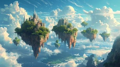 Air World Fantasy Art, Floating Island Landscape, Fantasy Floating Islands, Floating Islands Fantasy Art, Neat Background, Phoenix Video, World Building Art, Fantasy Islands, Sky Islands