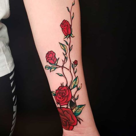 forearm rose vine tattoos yoantattoos Rose Vine Tattoos Thigh, Coloured Rose Tattoos For Women, Flower Vine Tattoo Color, Rose On Vine Tattoo, Rose Vine Forearm Tattoo, Red Rose Arm Tattoo, Rose Vine Tattoo Arm For Women, Vine Of Roses Tattoo, Rose And Vines Tattoo