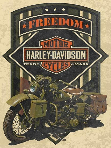 Mgs350 harley davidson motorcycles advertisement u.s. army military grade harley bike army green with all the add on features freedom harley davidson shield shaped logo heavy duty metal advertising sign measures about 12" wide and 16" tall pre-drilled holes for easy hanging & display this item is made to order and will take an average of 4-5 weeks to be manufactured and then will be shipped to your location! made of heavy duty gauge american steel here in the usa with a process known as sublimation where the image is baked into a powder coating for a durable and long lasting finish! Vintage Harley Davidson Art, Custom Bike Parts, Poker Run, Hanging Display, Harley Davidson Logo, Harley Bikes, Custom Bike, Motorcycle Harley, Harley Davidson Motorcycles