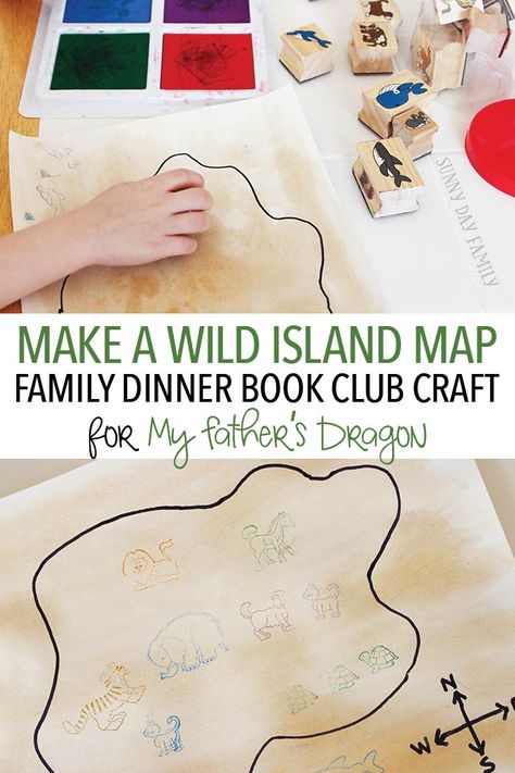 Make a Wild Island Map - an easy and open ended craft project for kids inspired by the book My Father's Dragon. This easy map craft is fun for all ages and is perfect for Family Dinner Book Club night! My Father's Dragon, My Fathers Dragon, Island Crafts, Map Crafts, Map Activities, Dragon Crafts, Parenting Ideas, Horse Crafts, Project For Kids