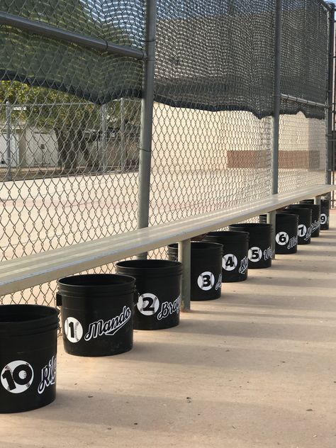 Baseball Dugout Bins, Tball Dugout Buckets, Baseball Buckets For Dugout Team Mom, Baseball Baskets For Dugout, Baseball Bucket Gift Ideas, Dugout Organization Baseball, Dugout Baskets, Dugout Mom Ideas, Baseball Team Mom Ideas