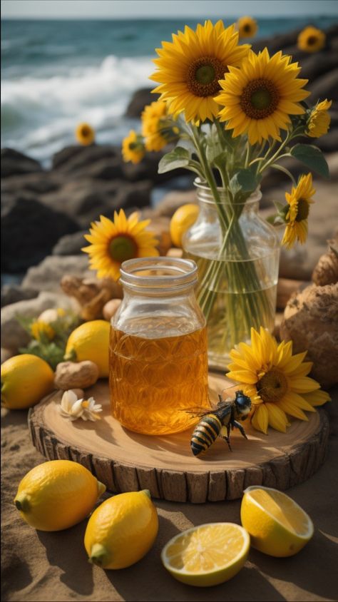 It is an AI generated image. Sunflowers in a pitcher and honey in a glass jar on a large wooden board or coaster. There is a large bee on the coaster as well, near a fallen sunflower. The wooden board is also surrounded by lemons. The ocean and rocks and boulders are in the background. Summer Solstice Party Aesthetic, Litha Altar Summer Solstice, Summer Witch Aesthetic, Summer Solstice Aesthetic, Late Summer Aesthetic, Litha Aesthetic, Litha Celebration, Autumn Solstice, Solar Witch