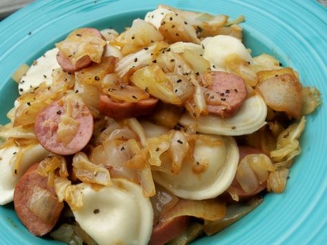 I love pierogies and they finish this cabbage-kielbasa saute perfectly. I know there are plenty of really good cabbage, kielbasa and potato recipes, but the pierogies in this dish just melt in your mouth. Not a diet dish, but a delicious comfort food meal. I got the recipe from a PBS home cooking special and have loved it ever since. Note that cooking start times overlap in this recipe. Reduce the amount of butter if desired. Kielbasa And Pierogies, Cabbage Kielbasa, Sausage Cabbage, Kielbasa Recipes, Menu Plan, Kielbasa, Cabbage Recipes, Polish Recipes, European Food