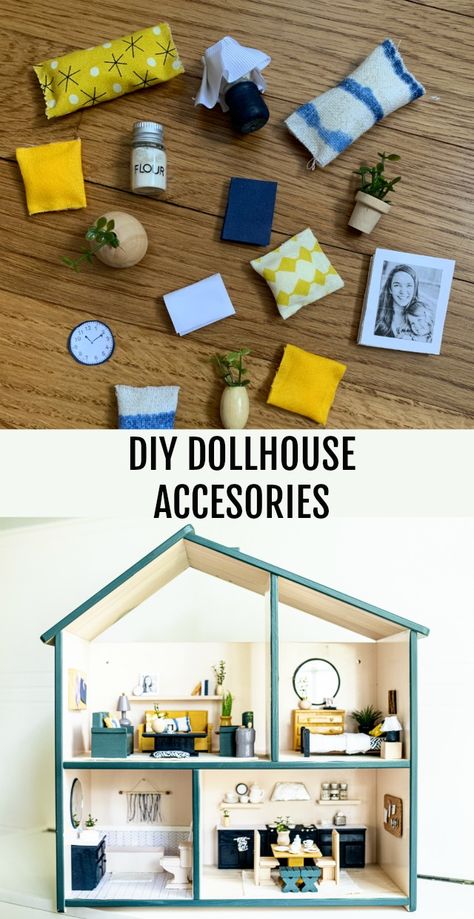 Dollhouse accessories made out of things you likely have on hand or can find for cheap! Hobbycraft Dolls House, Doll House Stairs Diy, How To Make Doll House Furniture Out Of Cardboard, Dolls House Accessories, Tiny Doll House Mini Things, How To Make Doll House, Cricut Dollhouse Furniture, Kid Kraft Dollhouse Makeover, How To Make A Doll House