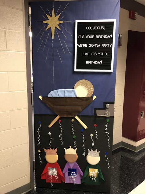 Classroom Christmas door, nativity door decoration, go Jesus, it’s your birthday, middle school Christmas door, Christmas door contest Christian Classroom Door Decorations For Christmas, Manger Door Decorations, Angel Door Decoration Contest, Manger Scene Door Decoration, Nativity Door Decorations For School, Nativity Scene Classroom Door, Jesus Christmas Door Decorations, Jesus Door Decorations Classroom, Nativity Scene Door Decorating Contest