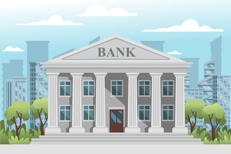 Flat design retro bank building with col... | Premium Vector #Freepik #vector #background #business #tree #card Community Places, Clouds Background, Banks Icon, Bank Building, Blue Sky Clouds, Banks Building, Image Bank, Bank Of America, City Landscape