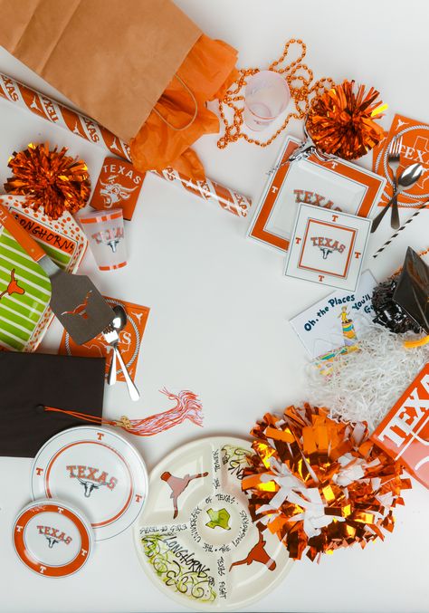 University Of Texas Graduation Party, Ut Austin Graduation Party Ideas, Ut Graduation Party, Longhorn Party, Ut Longhorns, Plastic Party Cups, Party Streamers, Ut Austin, Texas Longhorn