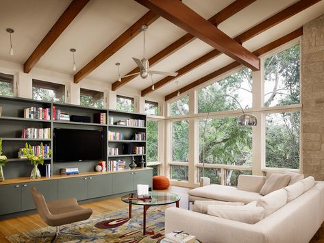 Slanted Ceiling Living Room, Mid Century Modern Ceiling Fan, White Window Trim, Slanted Ceiling, Lots Of Windows, Furniture Placement, Austin Homes, Living Room Ceiling, Indoor Air Quality