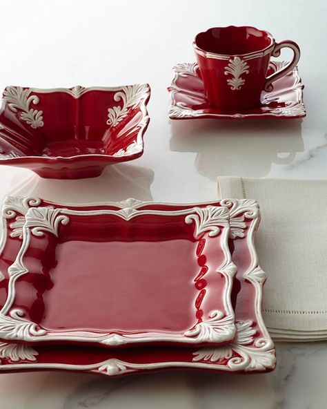 Red and White Christmas Plates | 12-Piece Red Square Baroque Dinnerware Service Christmas Dinnerware, White Dishes, Red Square, Christmas Dishes, Ceramic Dinnerware, Red Kitchen, Beautiful Dishes, Décor Diy, Dinner Sets