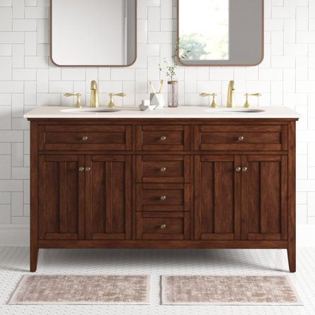 Three Posts™ Markley 60" Double Bathroom Vanity Set | Wayfair Wood Double Vanity, Bathroom Double Sink, Bathroom Vanity With Marble Top, Bathroom Vanity Double Sink, 60" Bathroom Vanity, 72 Vanity, Dark Wood Bathroom, 60" Vanity, Oak Bathroom Vanity